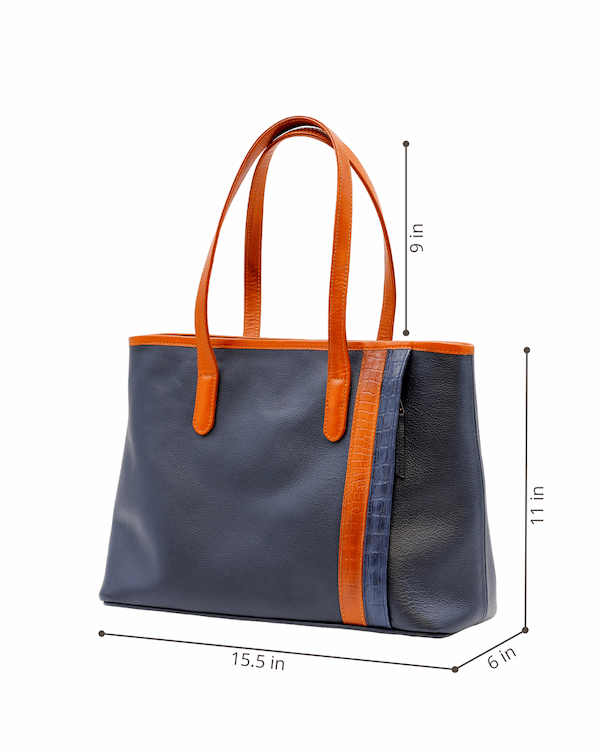 a handbag with a blue and orange leather tote bag