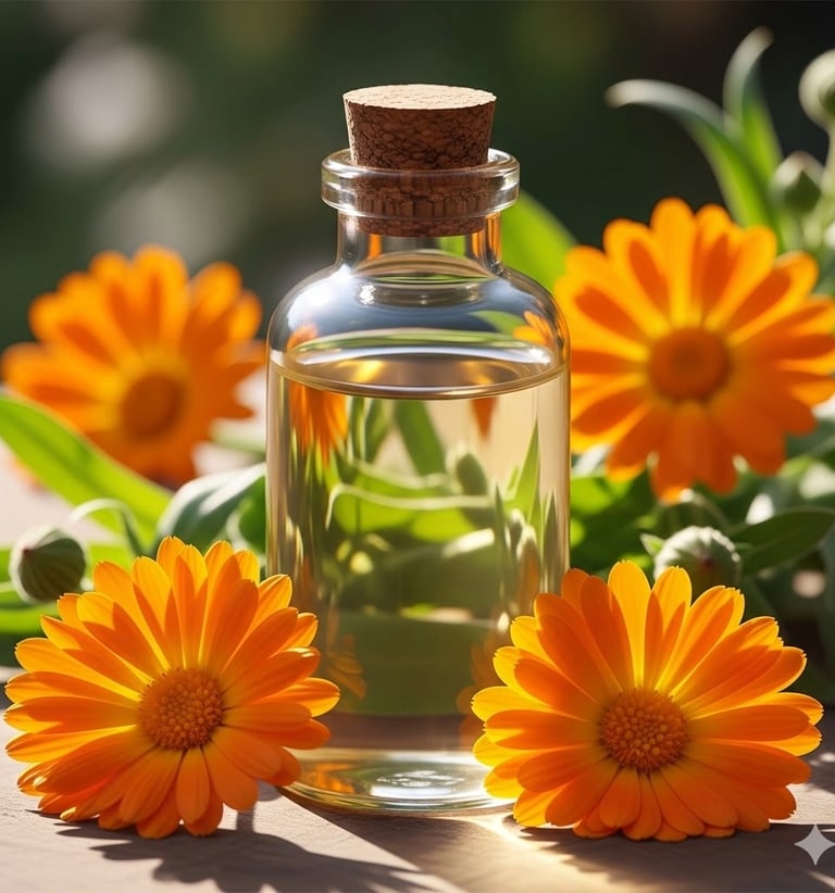A glass bottle with herbal calendula hydrolate surrounded by orange flowers in bloom.