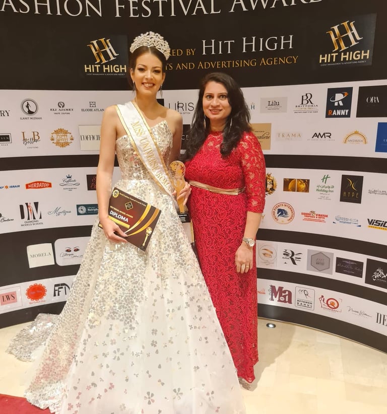 Priya Fashions designer Priya Fernandes with Miss Romania in Dubai