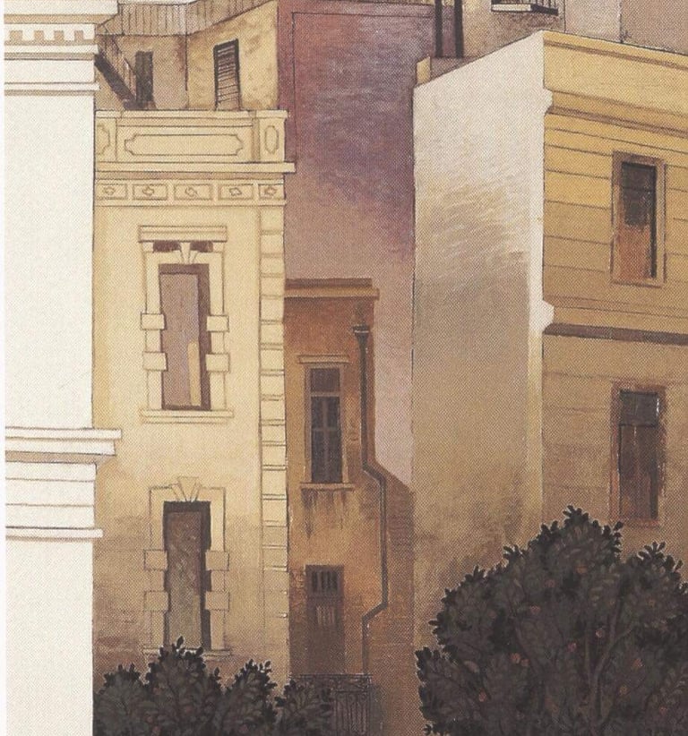 a painting of a city street scene with buildings