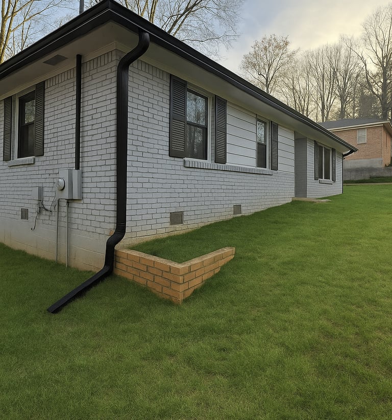 Before-and-after comparison of old gutters replaced with new aluminum gutters.