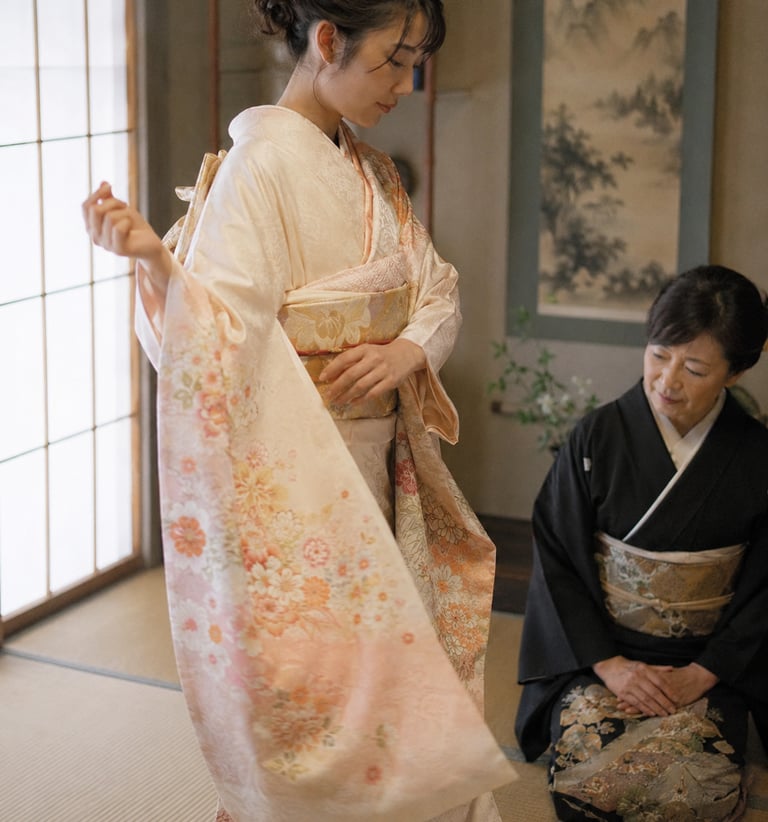 A young woman wears a floral pink silk kimono for a traditional Japanese tea ceremony.