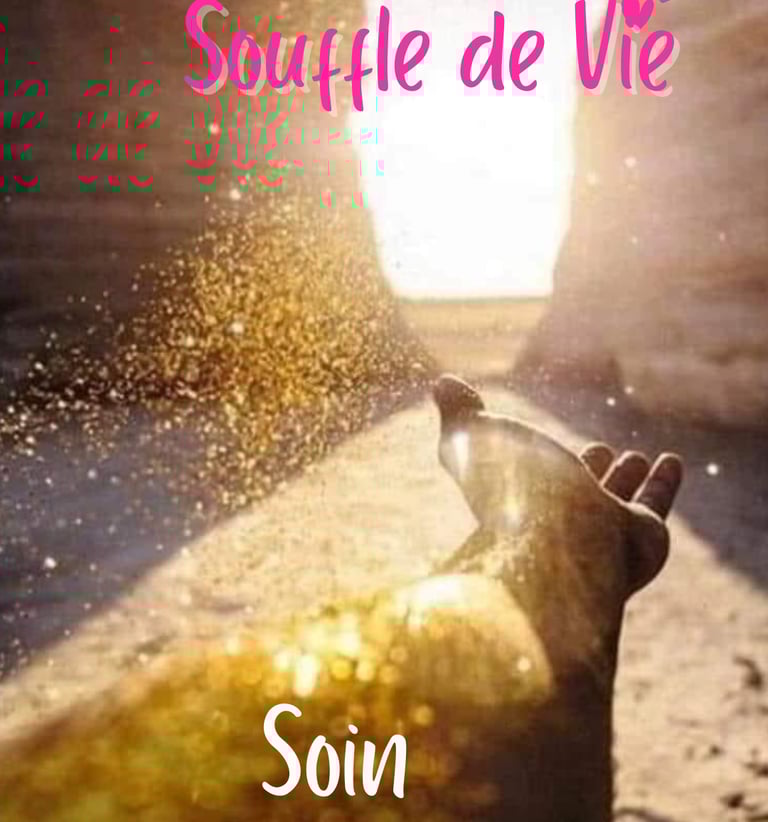 soin vibratoire, souffle de vie lumière d'or sur un bras tendu 