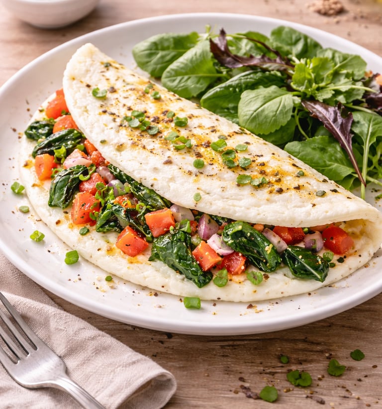 Omelette de claras de huevo con verduras y especias, desayuno saludable alto en proteína servido en 