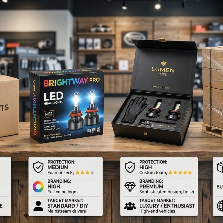 Automotive lighting packaging options from neutral to branded and premium retail-ready packaging