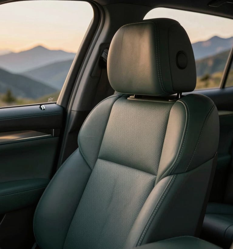 Close-up detail of a premium SUV leather interior, clean and luxurious, with soft golden-hour mountain light filtering through the window, showing comfort and elegance.