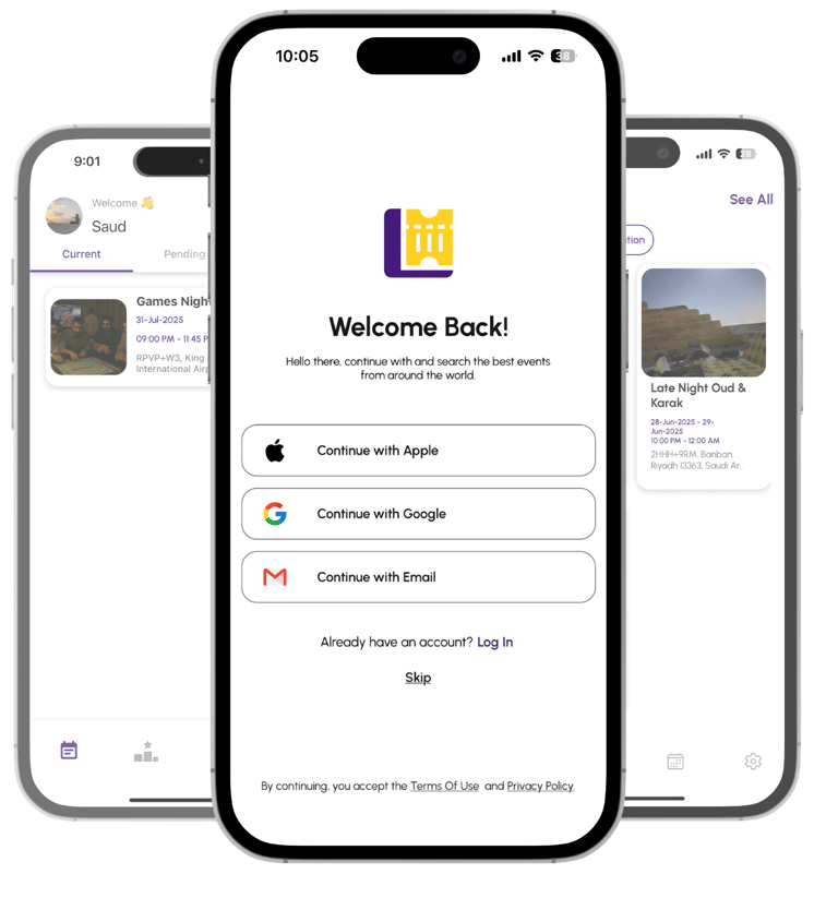 LeWhdk user app interface showing event discovery and booking features