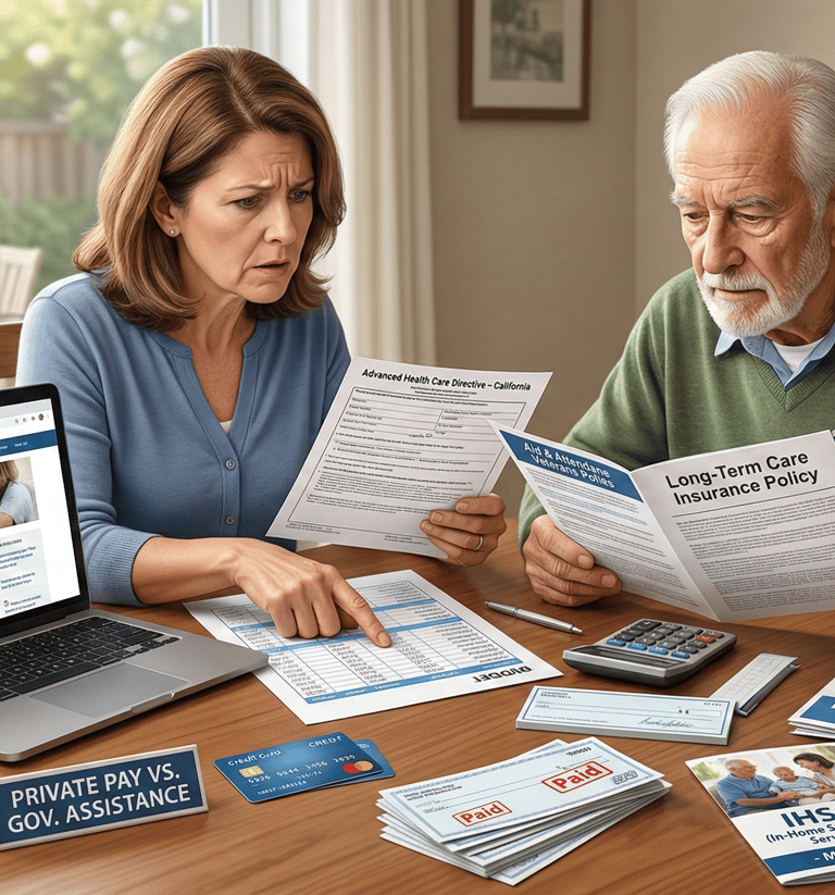 A senior man and woman reviewing long-term care insurance and home care costs on a laptop.