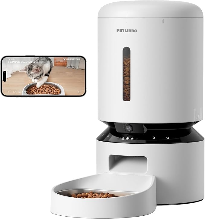Smart automatic cat feeder with built-in camera, food tray, and mobile app controls