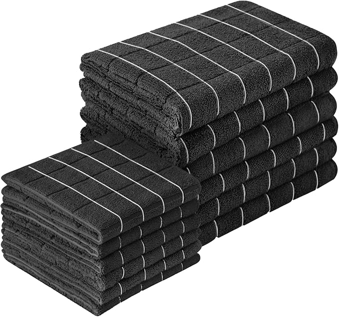 A 12-piece microfiber kitchen towel set featuring 6 large lint-free towels and 6 dishcloths