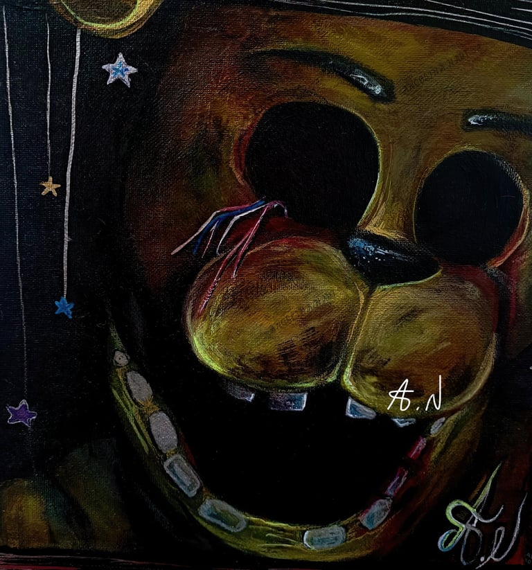 Golden Freddy Fnaf Fan art. Original mixed media artwork by the artist Angelina Nazarenko. Young artist. ArtNess