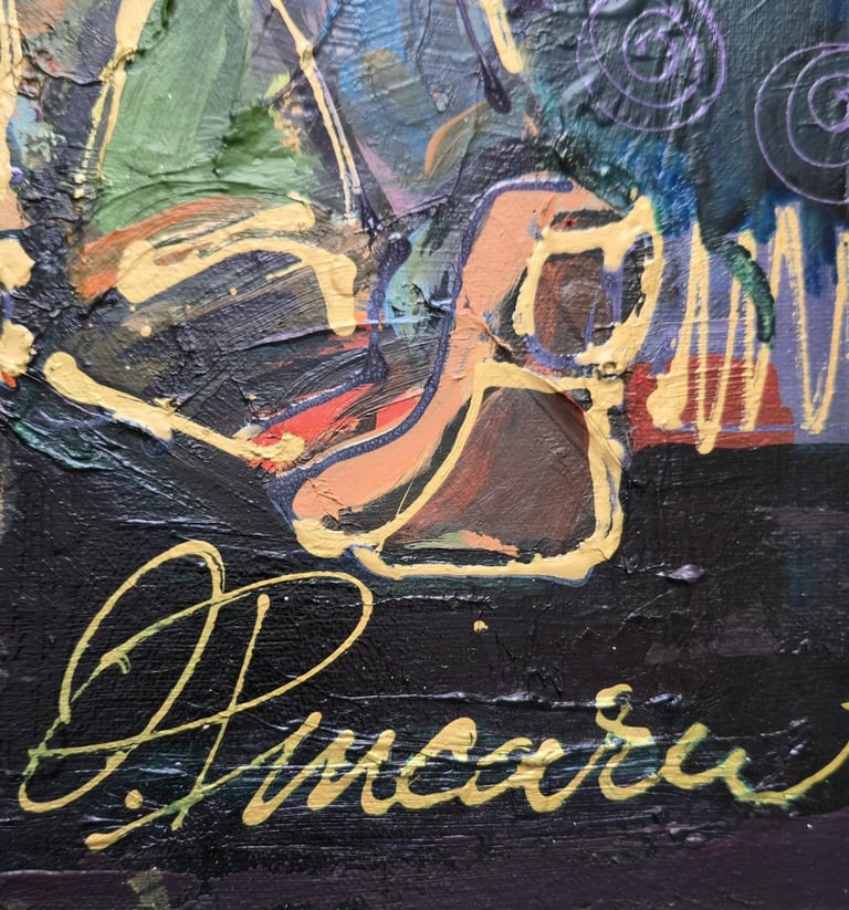 Expressive figurative Leinwand: zwei Gestalten in Umarmung, leuchtende Farben, weiße Linien – Romeo