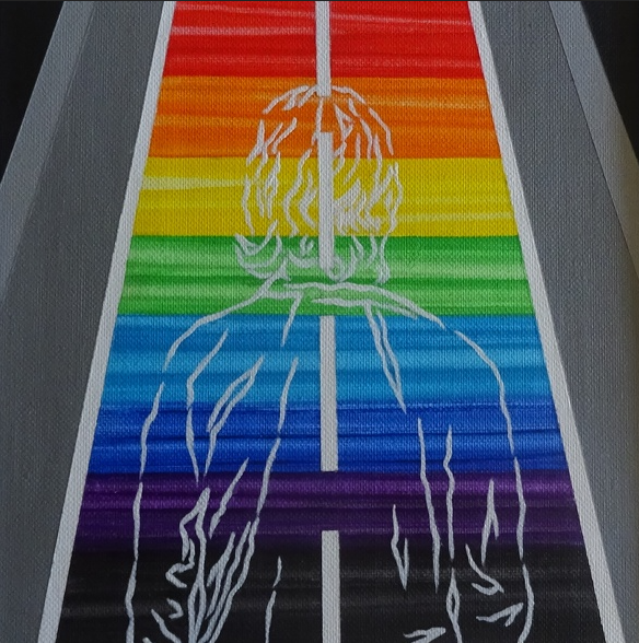 a painting of a rainbow - colored street sign