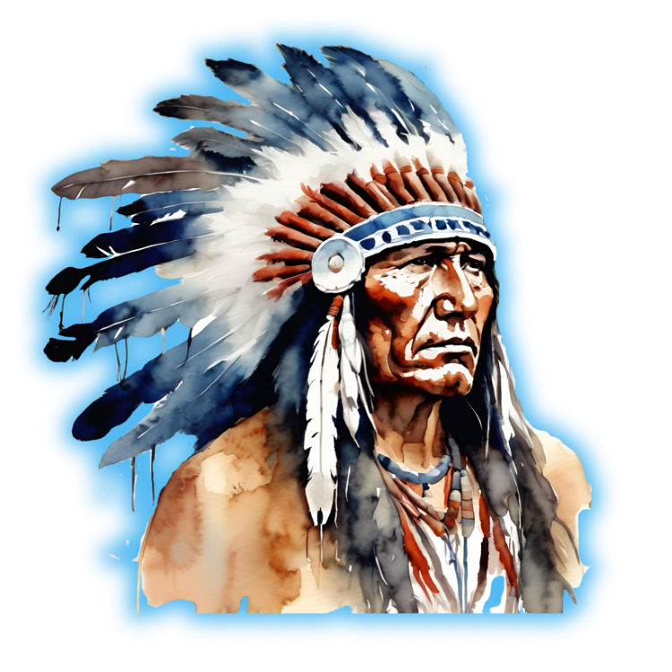 Native American chief painted in watercolor wearing a headdress facing to the right