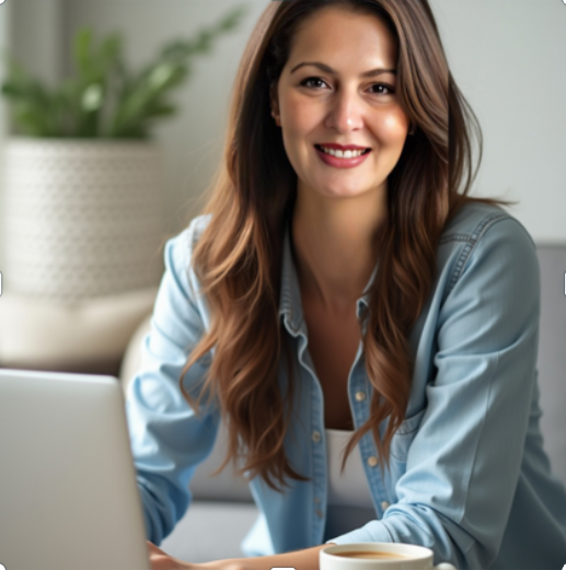Sanem Aydın Yayla in a casual dress working at home
