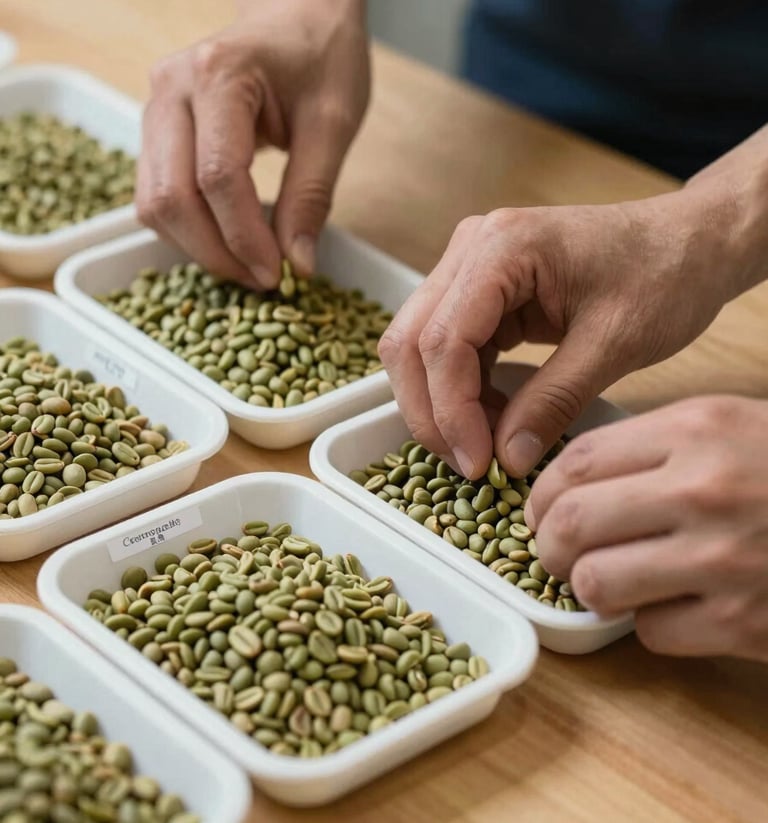 Hands in motion sorting green coffee samples into small labeled trays on a wooden workbench, north-facing diffuse daylight, cooperative name tag visible on one tray, shallow depth of field on the beans