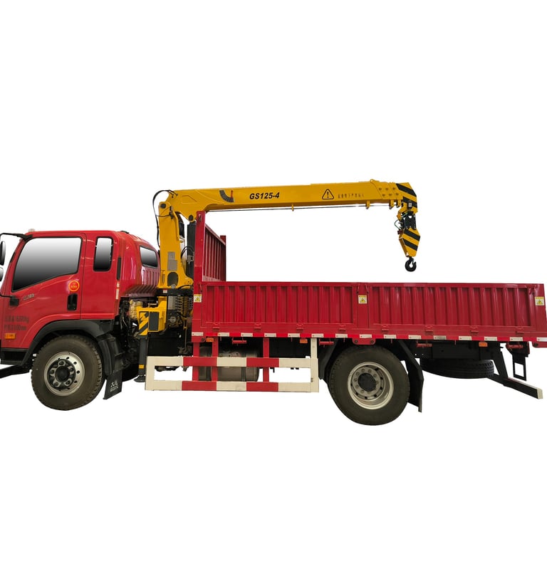 Red truck equipped with 5 ton telescopic crane and 4 section arms.