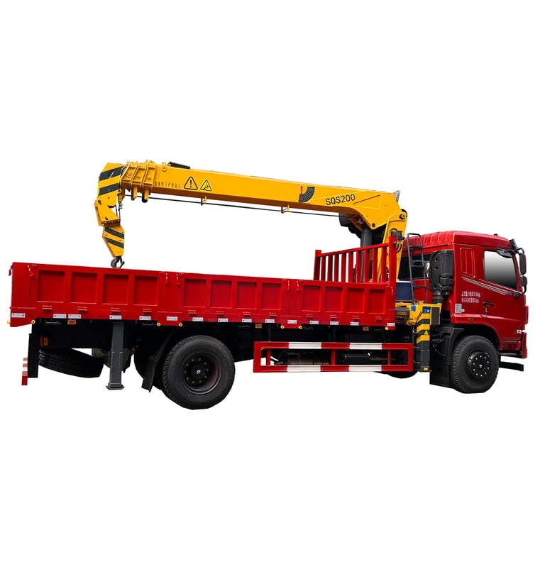 This image showcases a red truck with a crane on top. The crane is a powerful 8 ton Telescopic Boom Truck Mounted Crane with 
