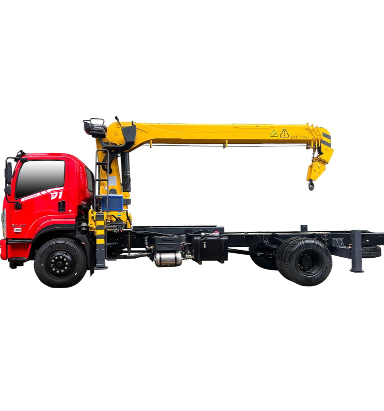 showcases an 8-ton telescopic boom truck mounted crane with 4 section arms.