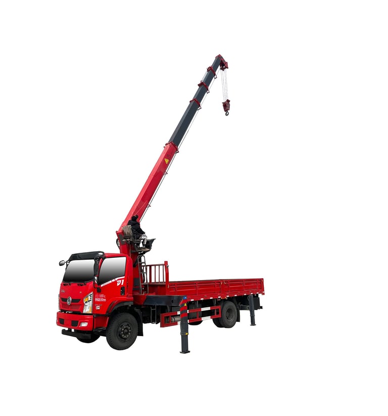 White background showcasing a red truck suspended by an 8 ton Telescopic Boom Truck Mounted Crane featuring 5 section arms.