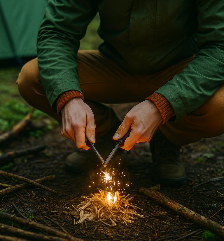 Survivalist starting fire in dark forest with flint and dry kindling