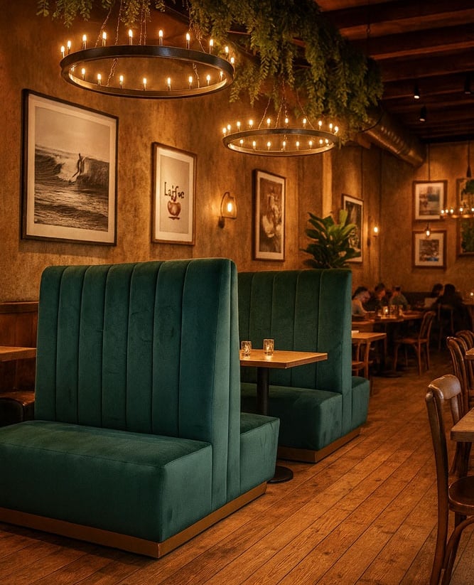 Custom green velvet banquette seating in a modern rustic restaurant with chandeliers and wood floors by Solo Home Decor.