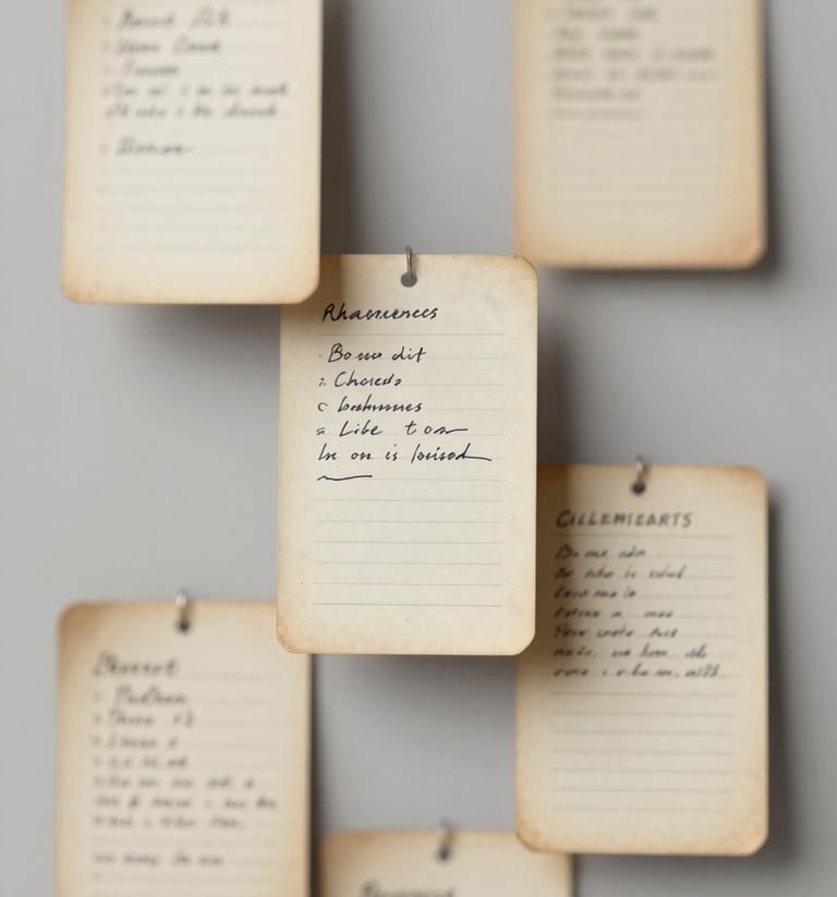 An artistic arrangement of vintage library catalog cards, some with handwritten notes in ink, creating a sense of scholarly history and discovery, #F8F6F4 background.