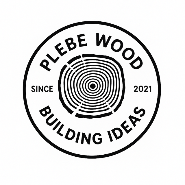 Plebe Wood Building Ideas logo featuring a circular wood grain cross-section and minimalist typography.