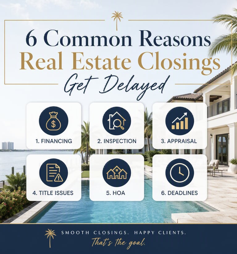 Infographic listing 6 common reasons real estate closings get delayed like financing and appraisal.