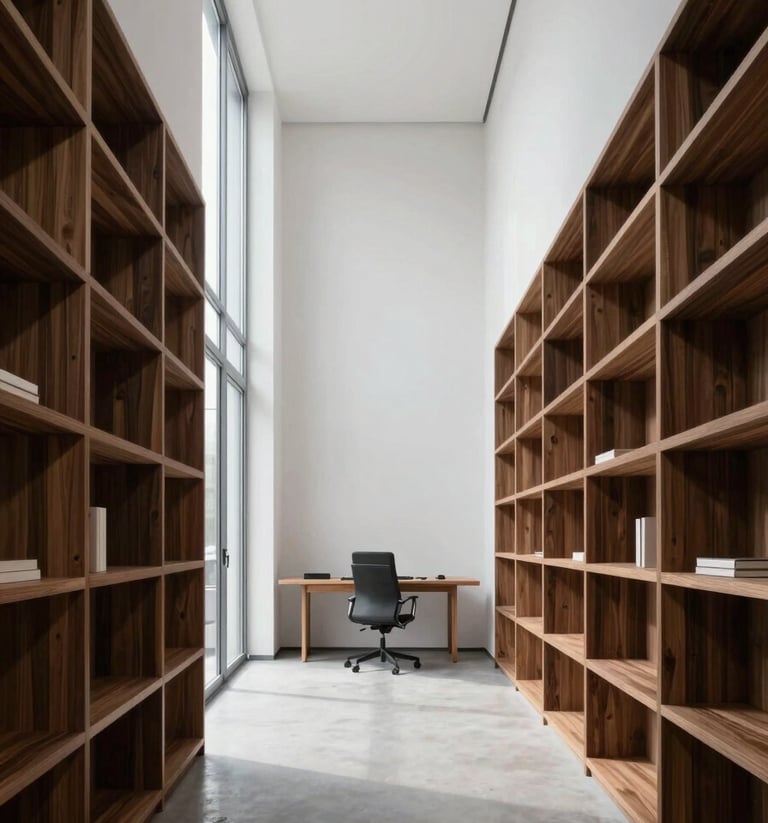 Wide-angle interior of a minimalist office workspace, architectural joinery of dark wood shelving against a white plaster wall, cool north light from a tall window, no people, emphasis on material precision and spatial geometry
