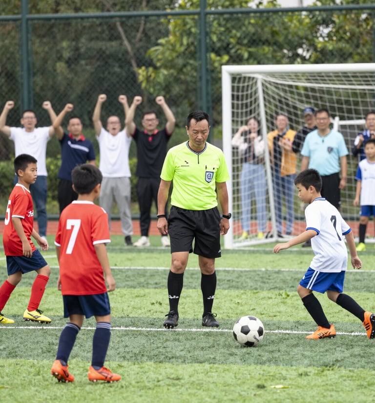 Children in colorful soccer uniforms joyfully playing a match on a sunny Saturday.