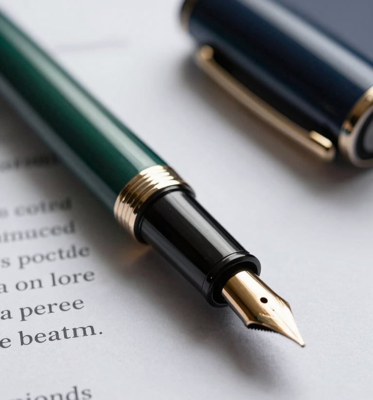 A close-up of a high-end fountain pen resting on a financial contract, soft natural lighting, with professional forest green and dark navy tones in the blurred background.