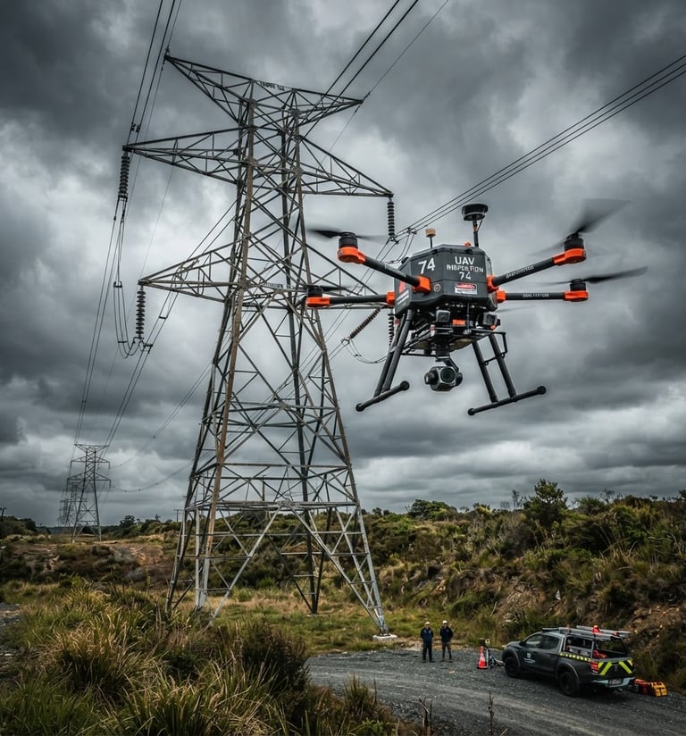 Wide environmental shot of industrial UAV hovering near high-voltage transmission towers, overcast sky, sharp technical details, 35mm lens