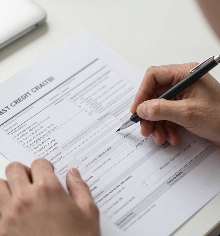 Close-up overhead composition of hands reviewing a printed credit report on a clean desk, pages spread flat under focused task lighting, a mechanical pencil resting on annotated figures, crisp daylight from the left edge