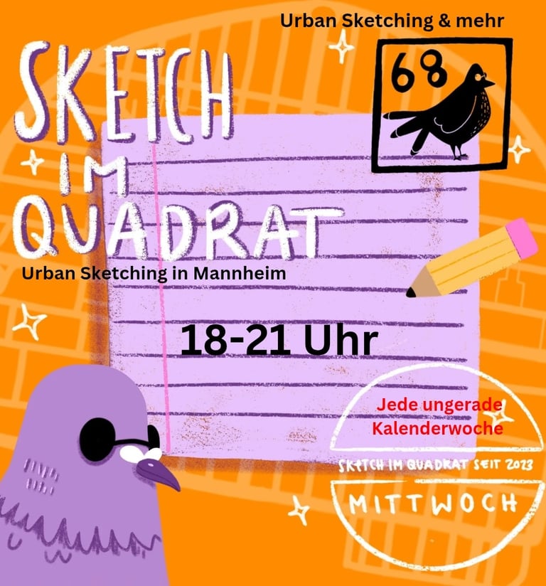 Urban sketching mannheim sketch im quadrat taube mit brille quadrate stadt orange flyer