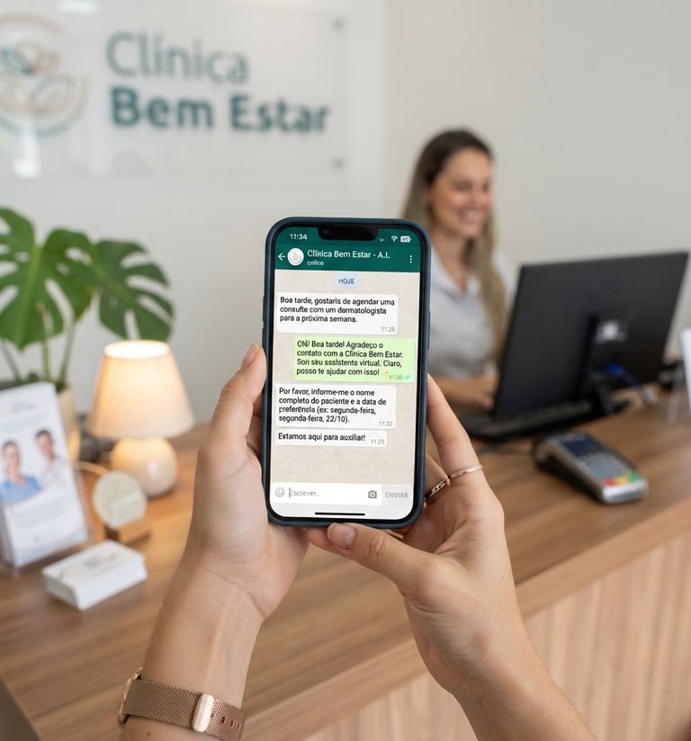 Realistic mockup of a WhatsApp chat interface on a smartphone, showing an AI agent responding to a customer query in Portuguese, bright natural daylight, soft shadows, in a clean clinic reception desk environment, 35mm lens.