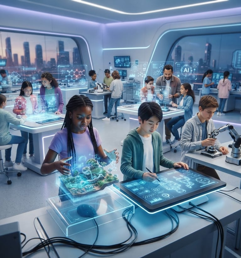 Wide panoramic futuristic illustration of diverse children and teenagers interacting with advanced digital interfaces, holographic projections, robotics, and scientific data in a clean, high-tech learning environment, bright studio lighting with subtle blue and violet ambient glows, shallow depth of field.