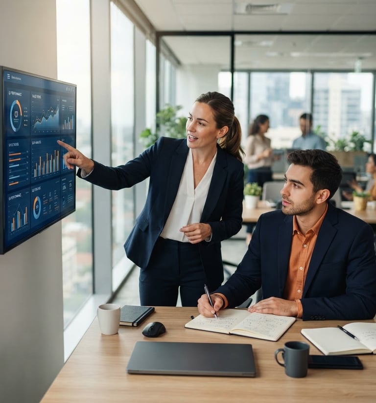 Professional business consultants in a modern, collaborative workspace, one pointing to a screen with data, another taking notes. Bright, natural office light, cool digital glow, deep navy and orange accents, shallow depth of field.