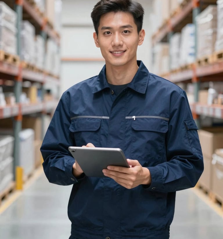 A professional logistics manager in a navy blue uniform holding a tablet in a bright, modern warehouse setting, high-key lighting, business professional mood.