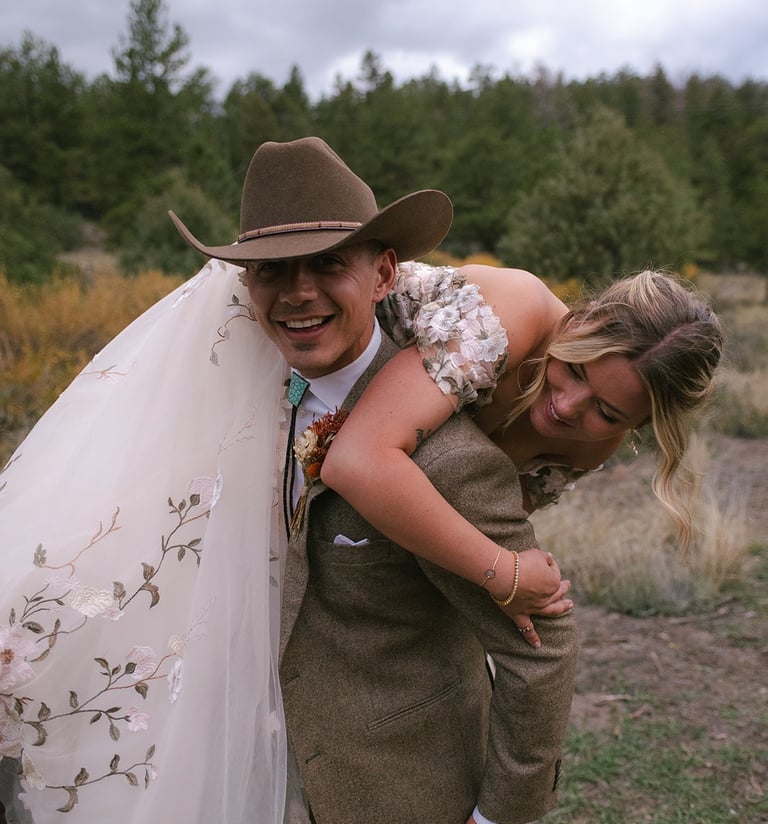 happy newlyweds in fall
