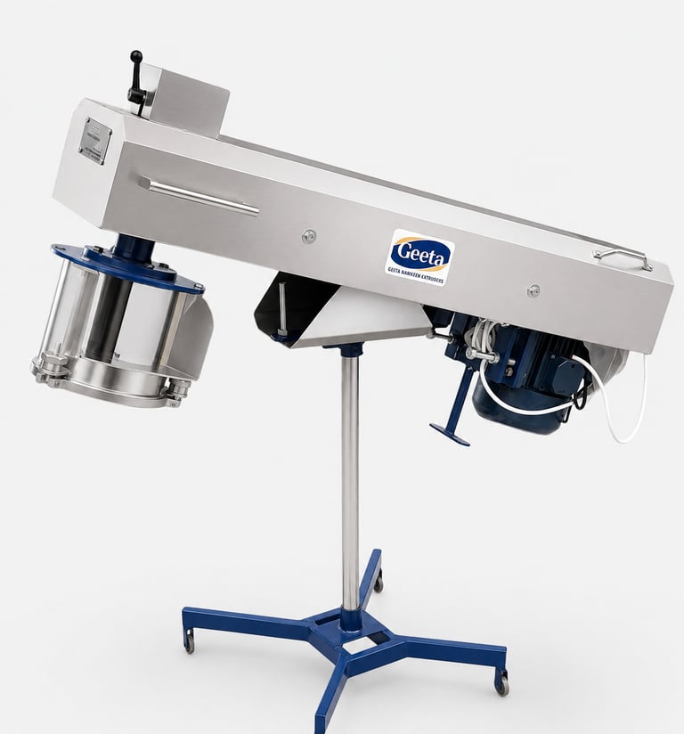 Stainless steel Geeta industrial snack food seasoning machine on a mobile stand for food processing plants.