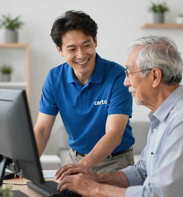 A professional IT technician in a clean branded polo shirt smiling while helping an elderly person with their computer in a bright, modern living room in Toulouse. The atmosphere is reassuring and helpful, with subtle brand accents of medium blue and light grey in the decor.