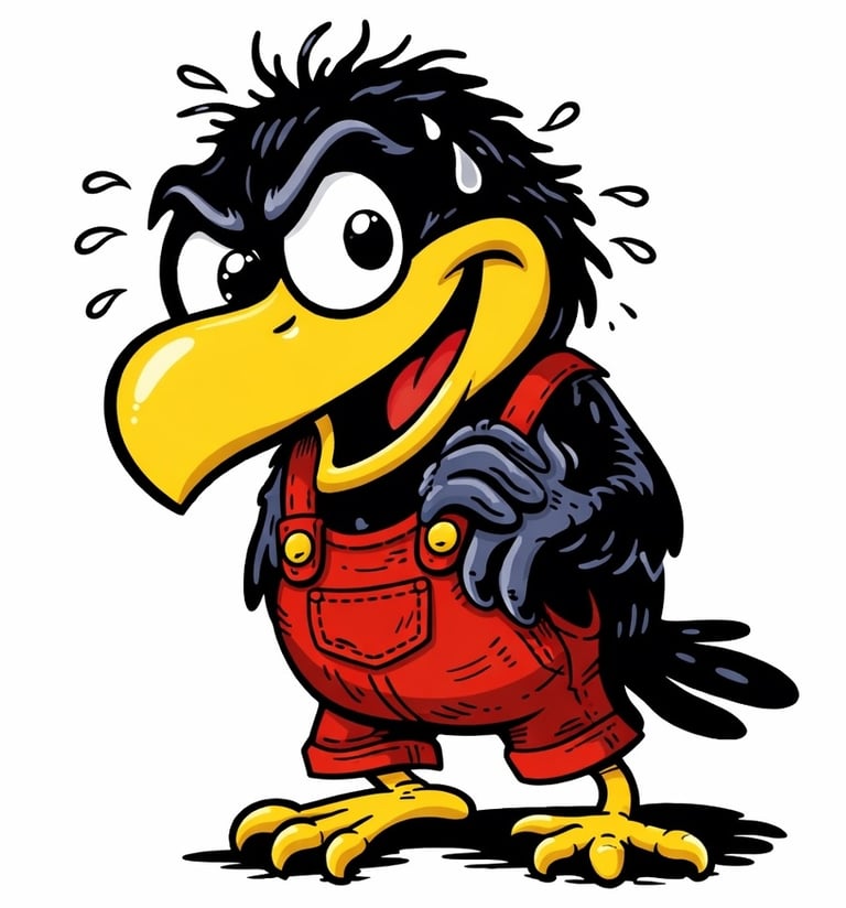 Funny cartoon black crow character wearing red overalls and sweating on a white background.