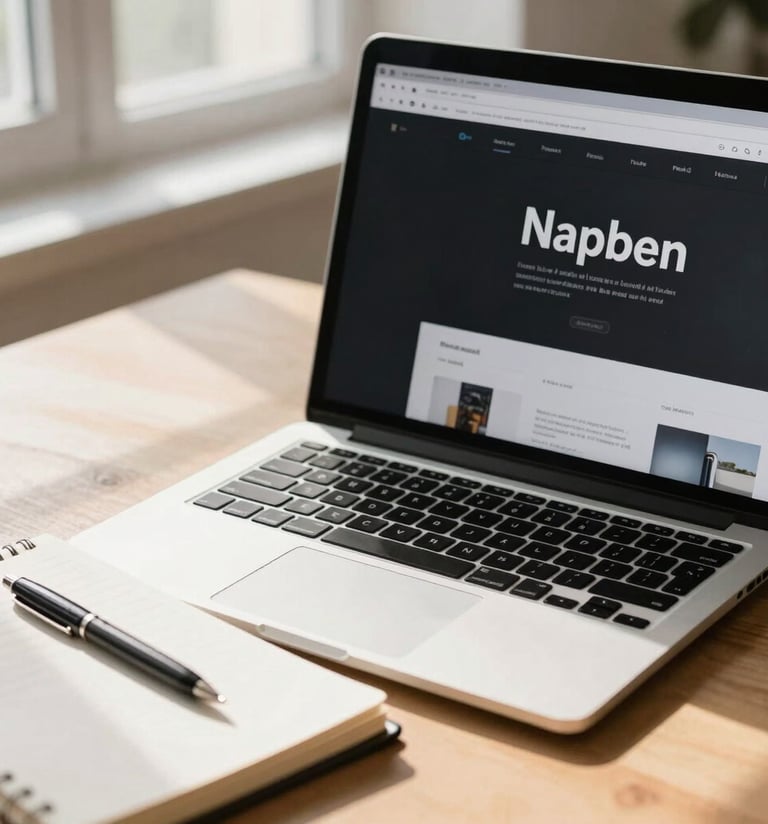 A close-up photograph of a clean, modern workspace in bright natural daylight. A laptop screen displays a minimalist, high-contrast user interface design with sharp typography. A physical notebook and a pen sit next to the screen on a light wooden desk, soft shadows.