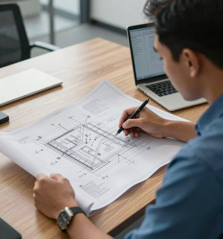 An over-the-shoulder shot of a Southeast Asian engineer in Indonesia reviewing technical blueprints on a wooden desk. Crisp Parchment and YInMn Blue office interior, professional and modern atmosphere, soft morning light.