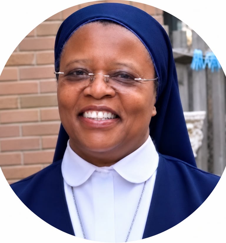 Smiling African American Catholic nun in a blue and white habit wearing glasses.