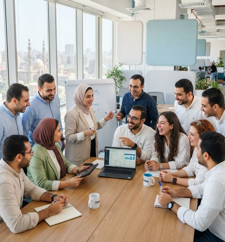 Portrait of 11soq's local Cairo operations team, diverse members collaborating in a bright, modern office, natural Egyptian daylight, eye-level framing.