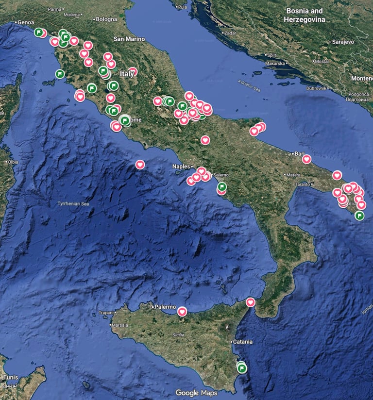 a Google map view of Italy with location pins scattered throughout