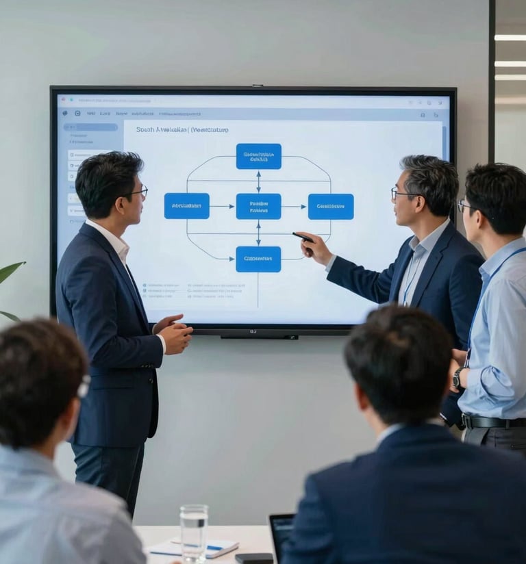 A group of professional IT consultants in a modern South American / Venezuelan office discussing a software architecture diagram on a wall screen, professional attire, sophisticated atmosphere, accents of Royal Blue and Soft Sky Blue in the decor.