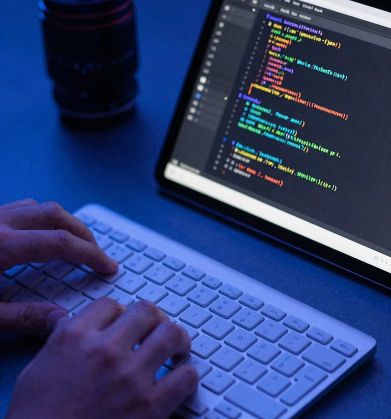 Close-up of a keyboard and a modern tablet displaying software code, held by a professional in a South American / Venezuelan workspace, sleek lighting in shades of Royal Blue.